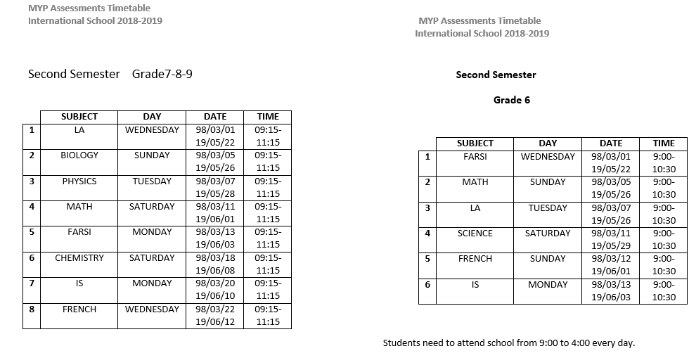 The New MYP Exams Schedule